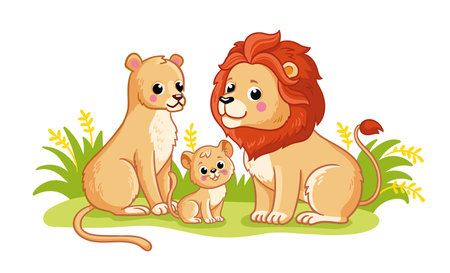 A cute family of lions stands on a green meadow on a white background. Vector illustration with cute African animals in cartoon style. A lion cub with his mom and dad.のイラスト素材
