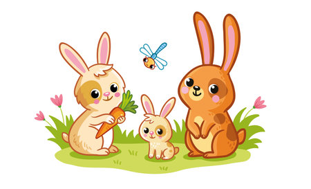 A cute family of rabbits stands in a green meadow on a white background. Vector illustration with cute farm animals in cartoon style. The little rabbit stands with its parents.のイラスト素材