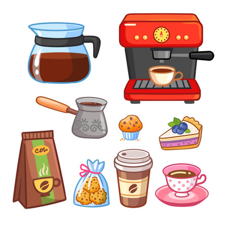 Set Coffee elements, tools, accessories. Brewing machine, grinder, Turkish coffee pot, mug, takeaway paper cup, bags and desserts. Cartoon vector illustrations isolated on white background.のイラスト素材