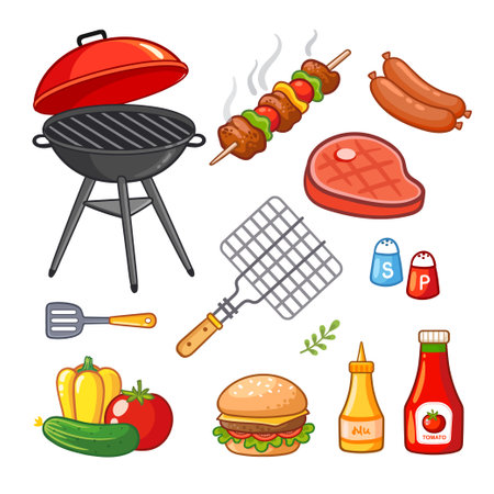Cartoon bbq elements. BBQ party set with barbecue tools, burning grill, picnic food, roasted beef steak, hamburger, kebab, sausage, vegetable. Vector illustration. Barbecue grill party.のイラスト素材
