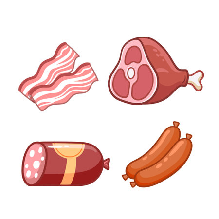 Set of meat - bacon, ham, beef, salami, sausages in cartoon style. Different meat cartoon products vector set. Leg with meat and bone vector illustration.のイラスト素材