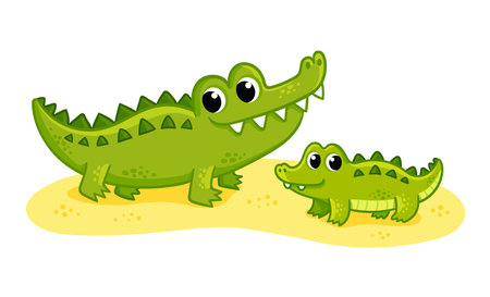 Cute crocodiles family on a white background. Vector illustration with two cute mom and baby crocodiles in cartoon style.のイラスト素材