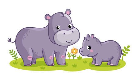 Two cute mom and baby hippo. Vector illustration in cartoon style.のイラスト素材