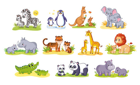 Mom and baby animals. Elephant, zebra, lion, penguin, tiger, giraffe, hippo, panda, families cartoon vector illustration. Family and wild animals concept.のイラスト素材