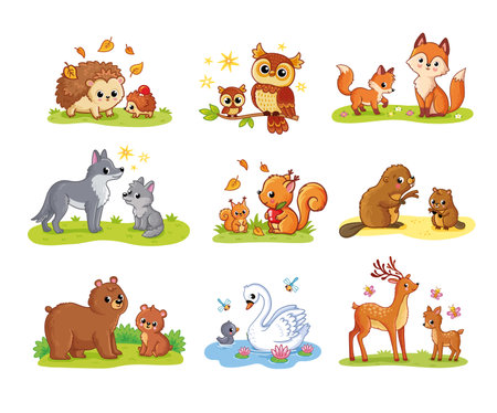 Mother and cubes of forest animals. Forest families-bear, fox, hedgehog, owls, wolf, deer, squirrel, beaver, swan, in cartoon style. Vector illustration of a family of wild forest animals.のイラスト素材