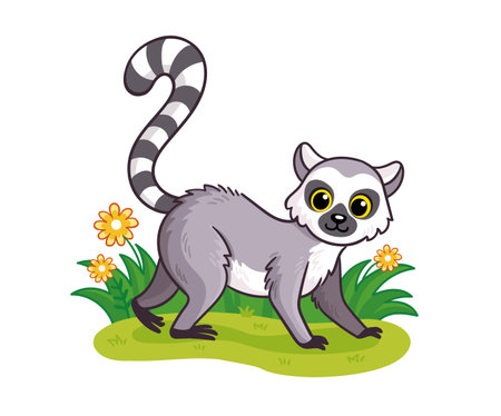 Cute Lemur stands on a green meadow. Walking ring tailed lemur drawn in cartoon style. African animals Vector illustration.のイラスト素材