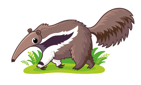Cute anteater on a green meadow. Walking anteater drawn in cartoon style. Animal vector illustration.のイラスト素材