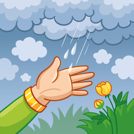 Vector illustration of a hand in the rain that catches drops of water. Thunderclouds with a hand in a cartoon style and a flower.のイラスト素材