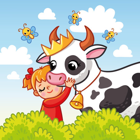 Girl hugs a cute cow in the summer with butterflies. Vector illustration with a child and a farm animal in a cartoon style.のイラスト素材