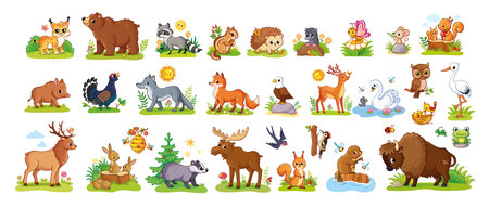 Vector illustration with forest animals. Set of animals in cartoon style on a white background.のイラスト素材