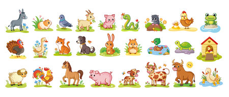 Vector big set with farm animals and pets. Collection of animals in cartoon style on a white background.のイラスト素材