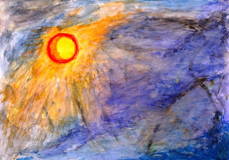 Drawing watercolor by hand. The sun and storm skyの写真素材