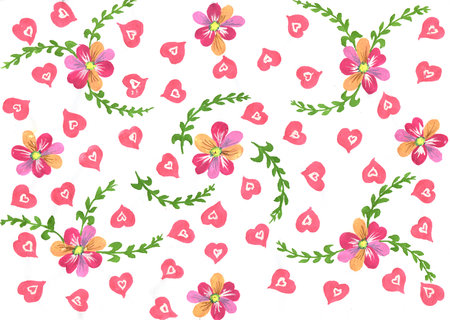 flowers and hearts watercolor artwork as background, colorful hand drawn illustration, creative artworkの写真素材