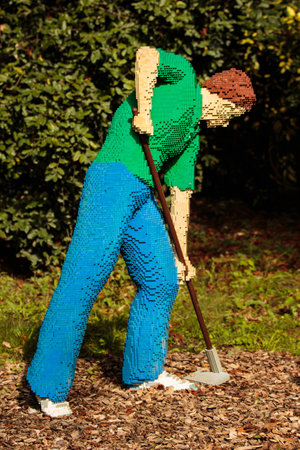 Planckendael zoo, Mechelen, Belgium - AUGUST 17, 2017 : Gardener built from lego bricks, temporary exposition at Planckendael zoo.のeditorial素材