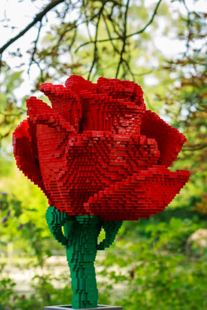 Planckendael zoo, Mechelen, Belgium - AUGUST 17, 2017 : Red rose built from lego bricks, temporary exposition at Planckendael zoo.のeditorial素材