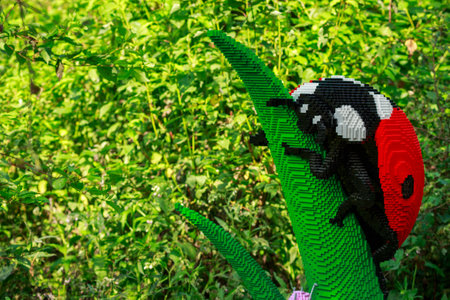 Planckendael zoo, Mechelen, Belgium - AUGUST 17, 2017 :  Ladybug built from lego bricks, temporary exposition at Planckendael zoo. Horizontalのeditorial素材