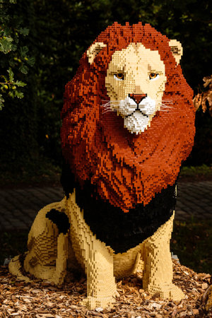 Planckendael zoo, Mechelen, Belgium - AUGUST 17, 2017 :  Lion built from lego bricks, temporary exposition at Planckendael zoo.のeditorial素材