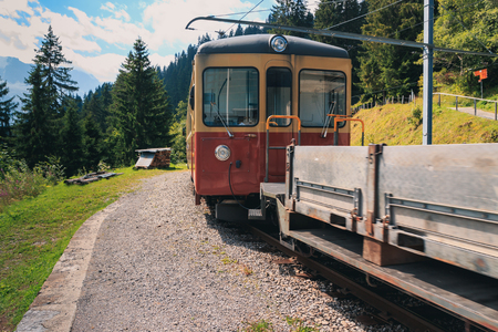Mountain train from Grutschalp to Murren in summer. Wengen - Bernese Oberland - Switzerlandの写真素材
