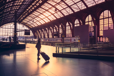 Central railway station Antwerp, Flanders, Belgium - NOVEMBER 2, 2017 - Female tourist with luggage on upper deck of train hallのeditorial素材
