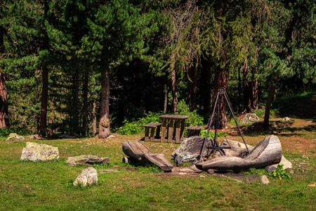 Public picnic site with barbecue installation and a wooden table in the forest at Lej Marsch near St. Moritz. Upper Engadine, Switzerlandの写真素材