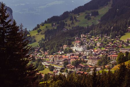 View on car free mountain village Wengen in summer. Bernese Alps, Switzerlandの写真素材