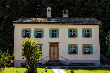 Sils Maria, Engadin, Grisons, Switzerland - AUGUST 7, 2016 : Nietzsche House, where Friedrich Nietzsche spent 7 summers (1881 & 1883-1888), near St. Moritz, in the summer.のeditorial素材