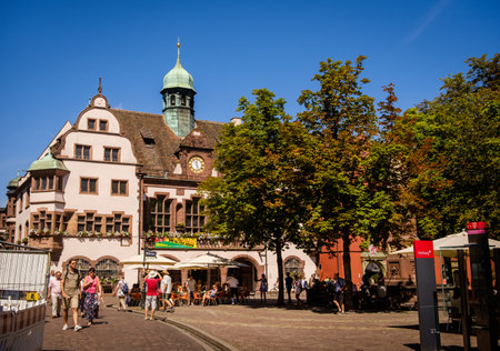Freiburg im Breisgau, Baden-Wurttemberg, Germany - JULY 30 2018 : view on Rathausplatz square with...