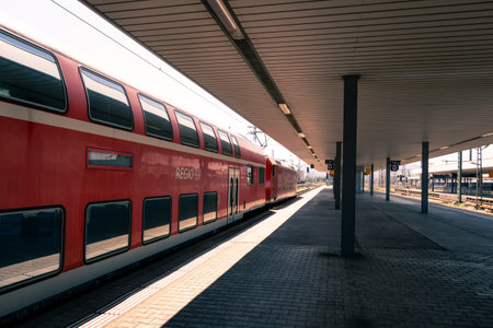 Basel, Switzerland - JULY 31 2018 : Red German double decker regional train at platform in the Basel Badischer Bahnhof train stationのeditorial素材