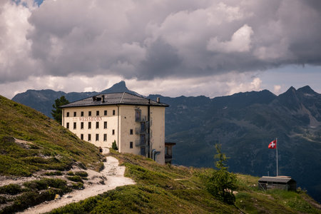 Saint-Luc, Valais, Switzerland - August 8 2018 : Historical hotel Weisshorn, high above the alpine village of St-Luc in the Val d' Anniviers at 2,337m above sea level.のeditorial素材