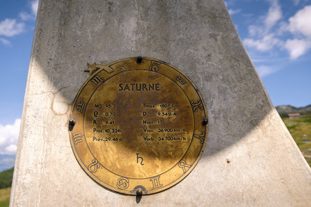 Saint-Luc, Valais, Switzerland - August 8 2018: Planets Trail walk - close up of the identity card for planet Saturnのeditorial素材