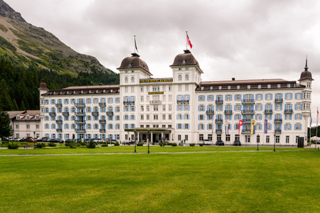 St. Moritz-Bad, Grisons, Switzerland - August 8 2016 : Driveway with gravel to the Grand Hotel Des Bains Kempinski on a cloudy summer dayのeditorial素材