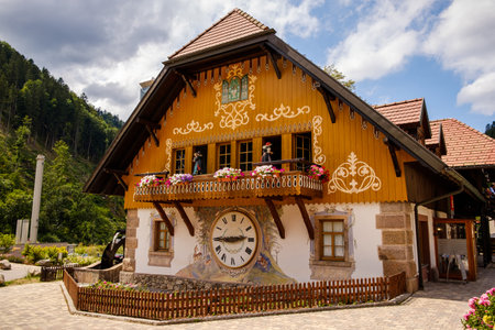 Breitnau, Baden-WÃ¼rttemberg, Germany - July 27 2019 : Cuckoo clock house witch dancig figures in Hofgut Sternen, High Black Forest near Freiburg im Breisgau southwest of Germanyのeditorial素材