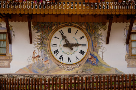 Breitnau, Baden-WÃ¼rttemberg, Germany - July 27 2019: close-up of the dancing figures on the cuckoo clock house in Hofgut Sternen, High Black Forest near Freiburg im Breisgau southwest of Germanyのeditorial素材
