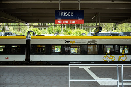 Titisee-Neustadt, Baden-WÃ¼rttemberg, Germany - July 28 2020: train from bwegt (DB Regio) in the Titisee railway station on the HÃ¶llentalbahn, emtpy platformのeditorial素材