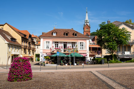 Mullheim, Baden-WÃ¼rttemberg, Germany - JULY 30 2018: picturesque colorful market square in city center of Badenweiler, in the High Black Forest (Hochschwarzwald) in summerのeditorial素材