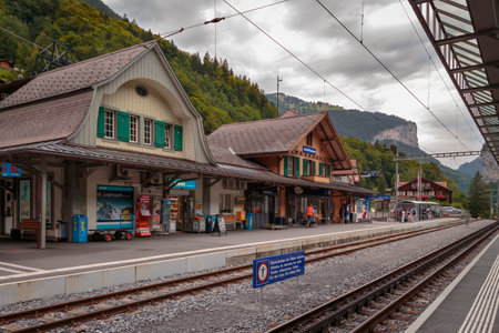 Lauterbrunnen, Bernese Oberland, Switzerland - JULY 31, 2017: Lauterbrunnen railway station on cloudy day in summerのeditorial素材
