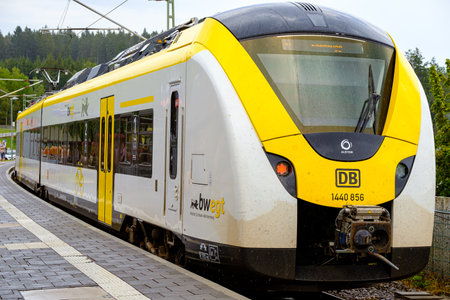 Schluchsee, Baden-WÃ¼rttemberg, Germany - July 28 2020 : Modern train from bwegt (DB Regional) leaving the railway station on a rainy day in the southern Black Forestのeditorial素材