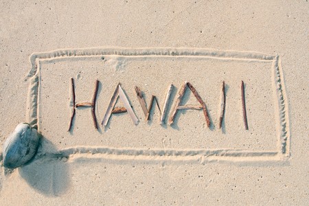 Hawaii written with sticks on a sandy beach with coconutの写真素材
