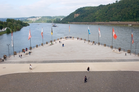 The German Corner (Deutsches Eck) at the confluence of Rhine and Mosel rivers in Koblenz with equestrian statue of William the Great, Germany のeditorial素材