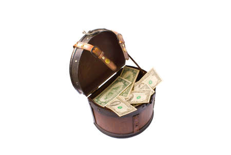 Ten dollar bank-papers, lyings in a wooden trunk with the opened lid