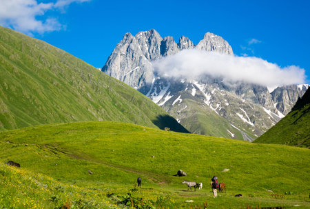 Clouds near the summits of the mountain range of Chauchi, Georgia, the Caucasusの写真素材