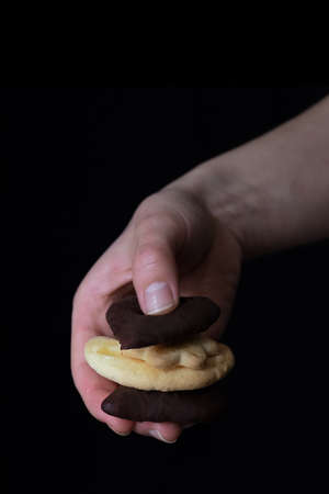 Natural and healthy dessert of homemade cookies with dark chocolateの写真素材