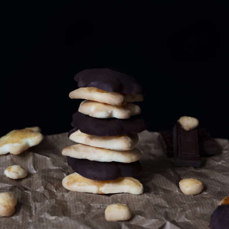 Natural and healthy dessert of homemade cookies with dark chocolateの写真素材