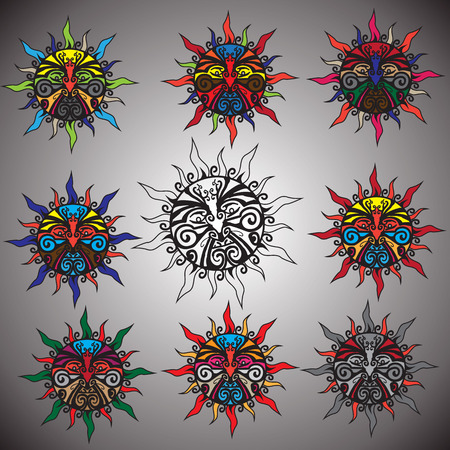 set of different color options for the sun in the same circuit made in a drawing styleのイラスト素材