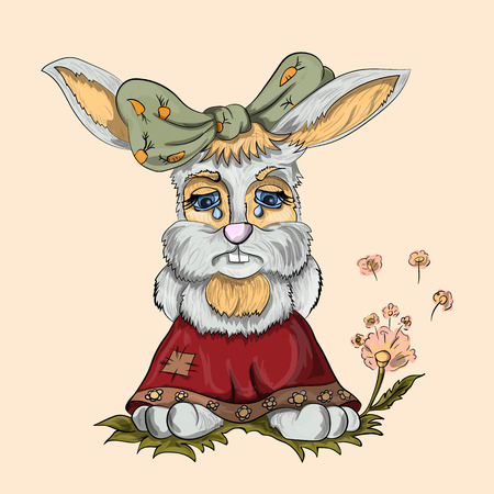 Illustration little bunny with a bow on head rabbit criesのイラスト素材