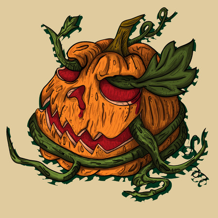 vector illustration pumpkin from which roots grow with leaves.のイラスト素材