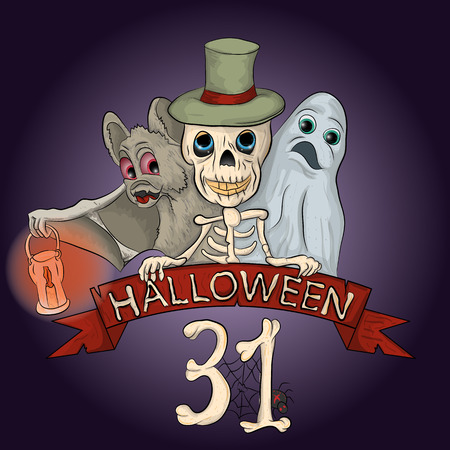 vector illustration halloween ghost skeleton and bat with lanternのイラスト素材