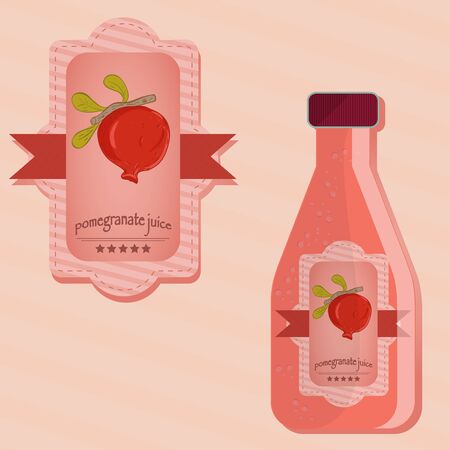 A vector flat illustration of labels and bottles of pomegranate juiceのイラスト素材