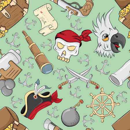 Vector seamless pattern on the theme of pirate symbols green backgroundのイラスト素材