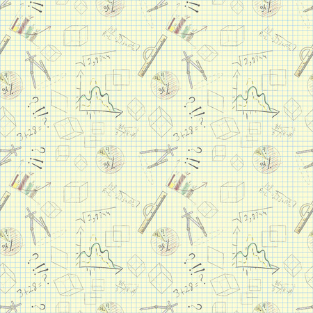 vector seamless pattern of graphic tools charts graphs on paper yellow backgroundのイラスト素材